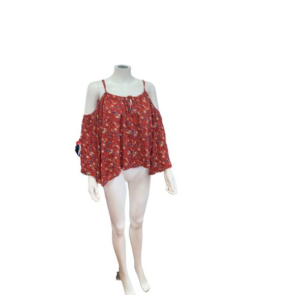 Socialite Red Floral print Off the shoulder Wide Sleeve Blouse M - Picture 3 of 6